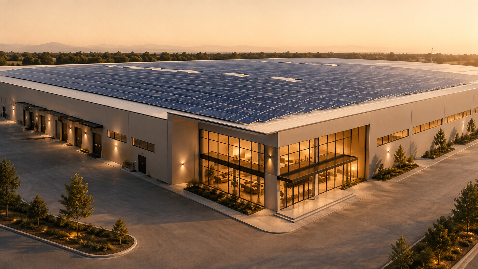 Aerial view of a large warehouse with a full rooftop solar array at sunset.