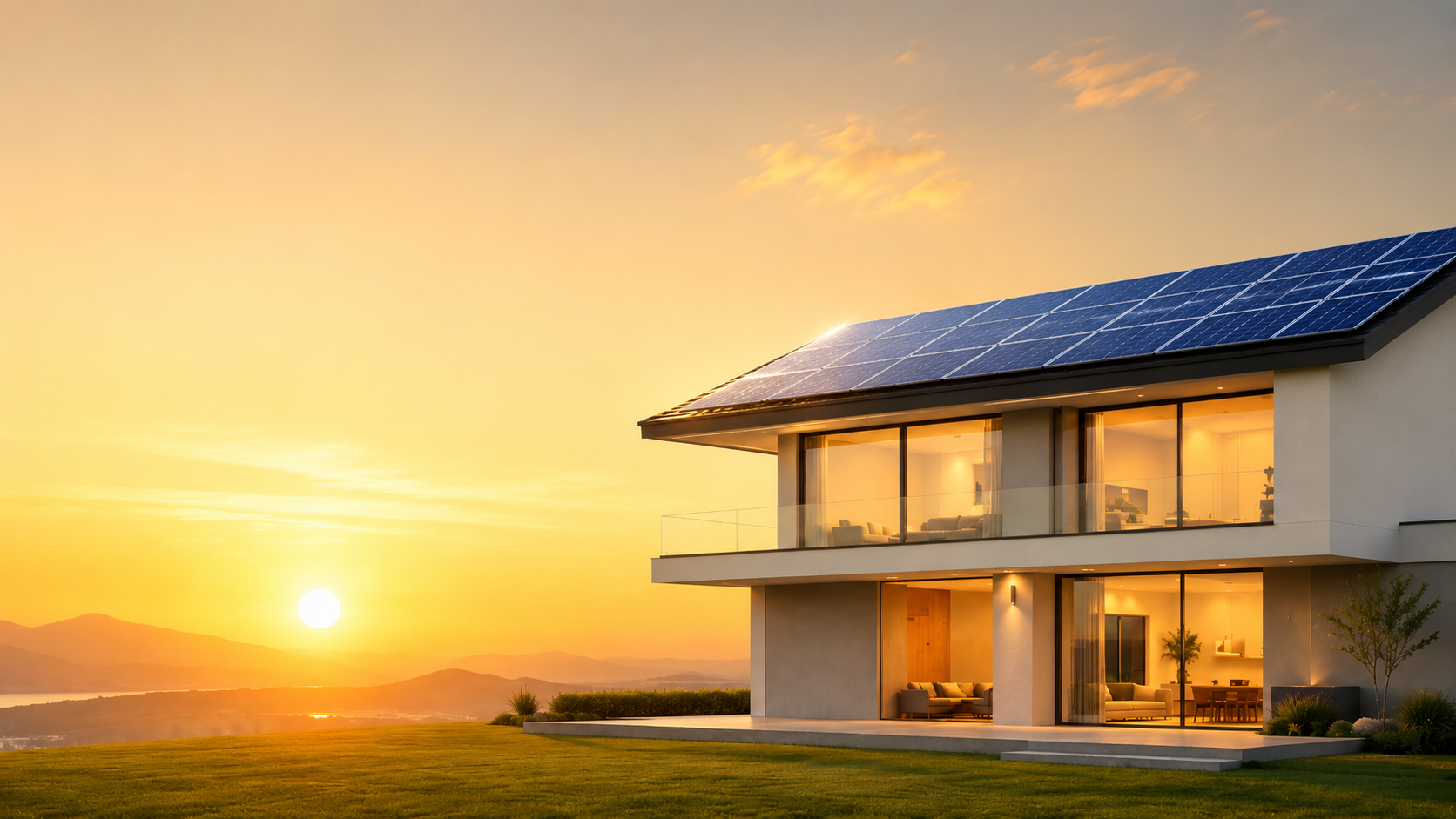 A modern two-storey home at sunset with a full roof of solar panels.