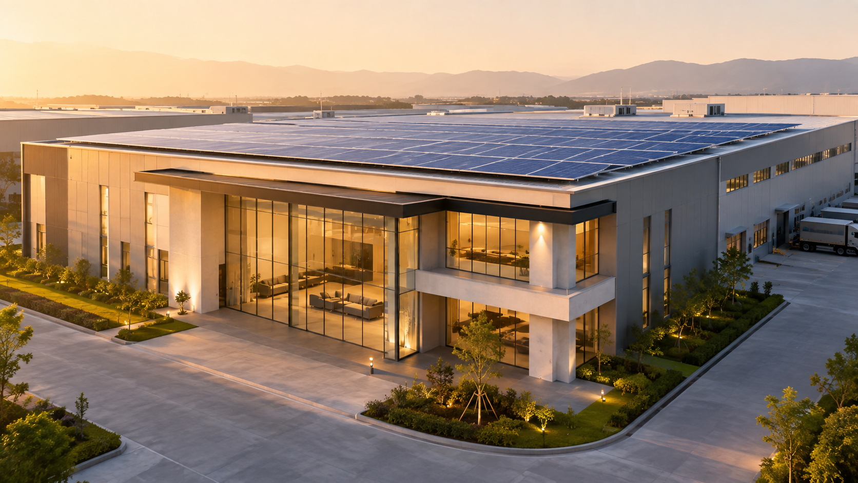 A large industrial facility at sunset with its full roof covered in solar panels.