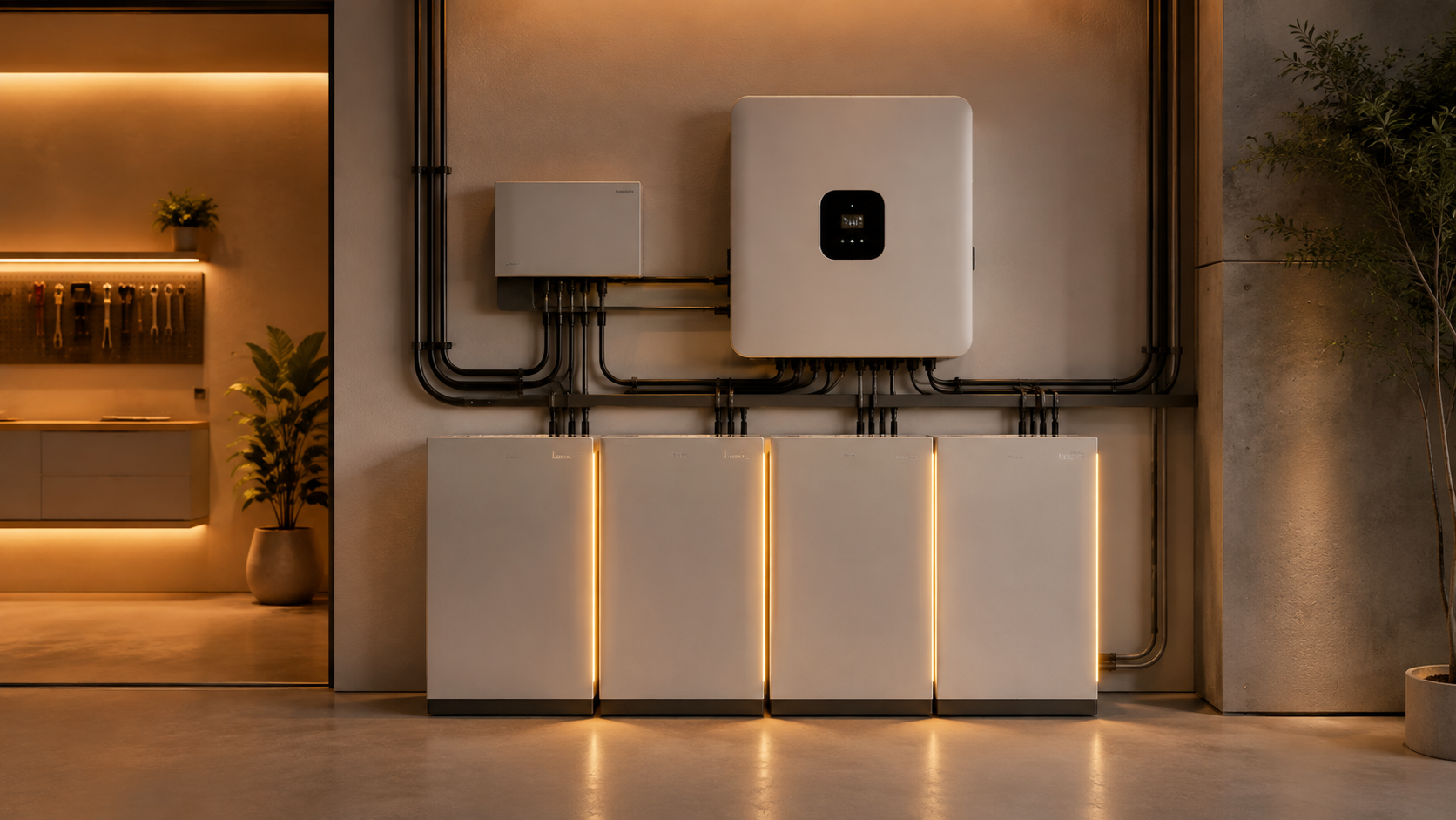 A wall-mounted inverter with a bank of four battery units in a garage.