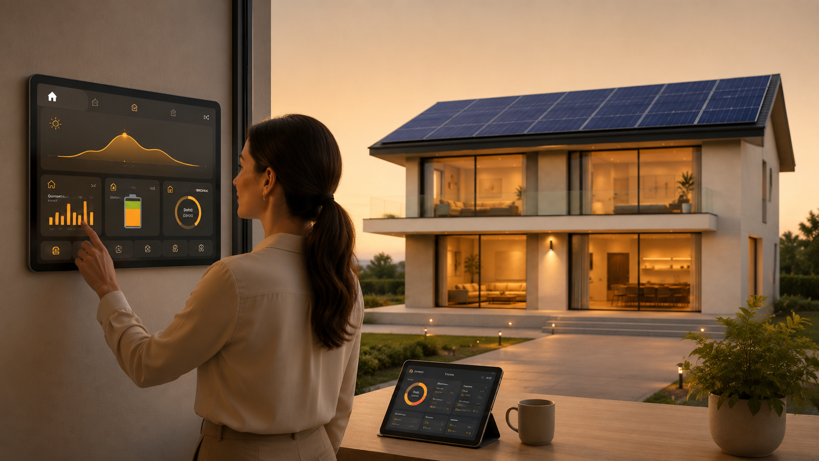 A homeowner checking a wall-mounted solar generation dashboard at dusk.