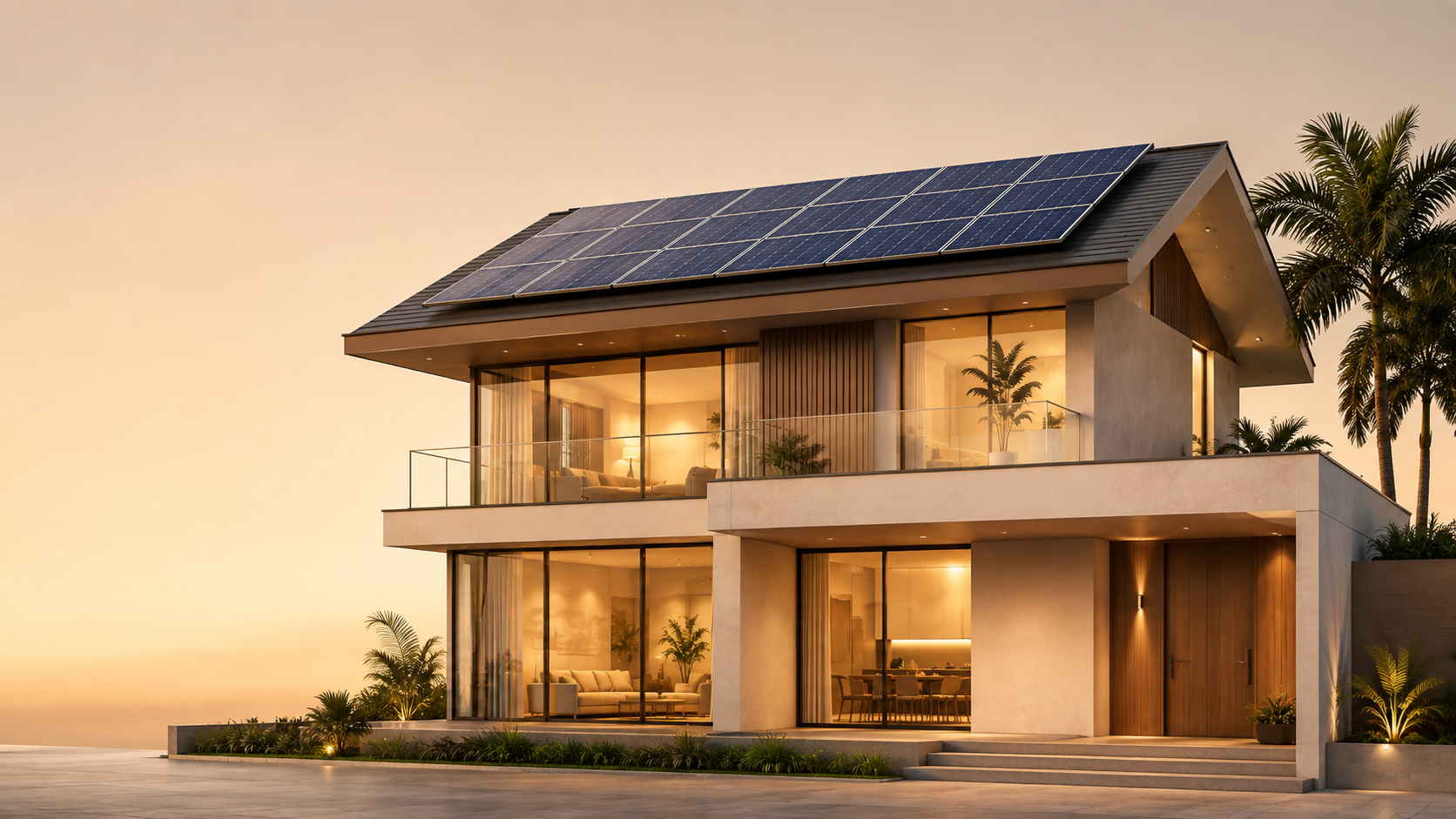 A modern two-storey home with roof-mounted solar panels, lit from within at dusk.